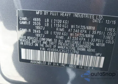 2016 Subaru Outback 2.5I Limited z USA, uszkodzony, nr VIN 4S4BSAJC8G3272916